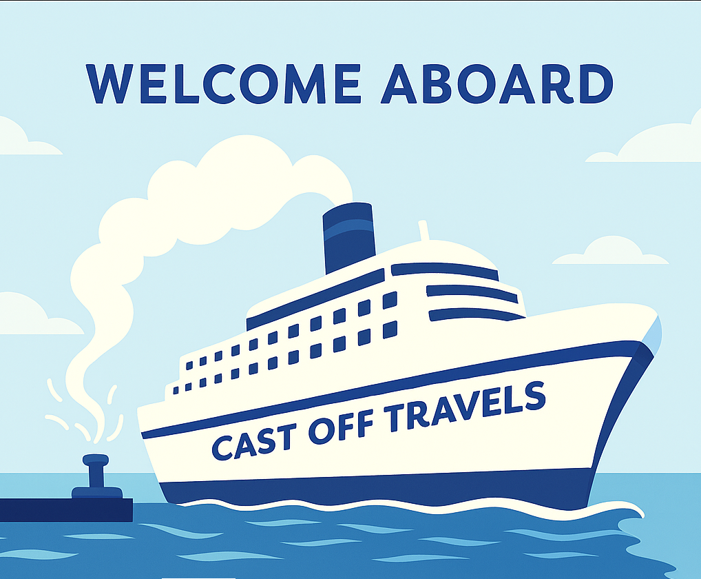 Cruise ship with Cast Off Travels logo